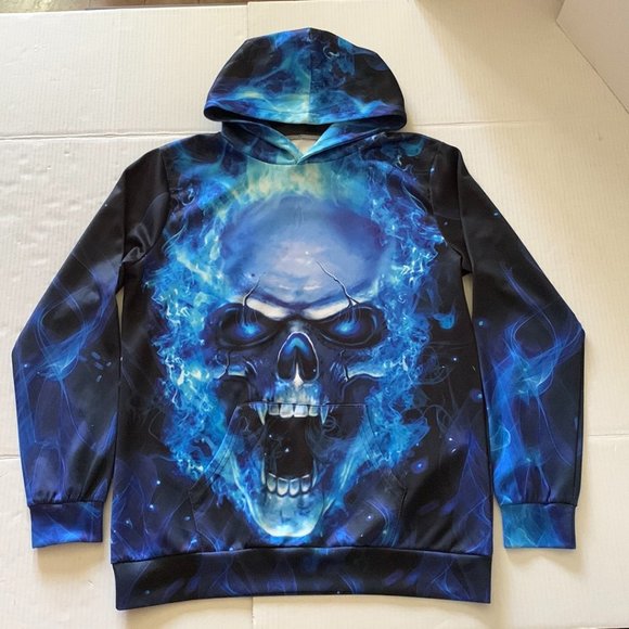 Blue Black Mens Pullover Hoodie Flaming Fanged Skull Graphic Front and Back - Picture 1 of 7